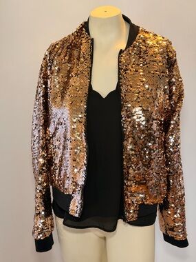 project RUNWAY Rose Gold Sequin Bomber Jacket